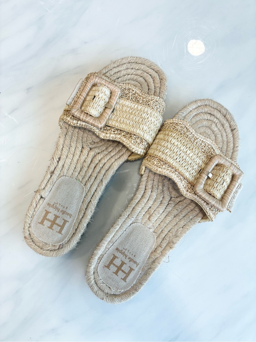 Beige Raffia Buckle Slide Sandals 8.5 - Picture 3 of 7